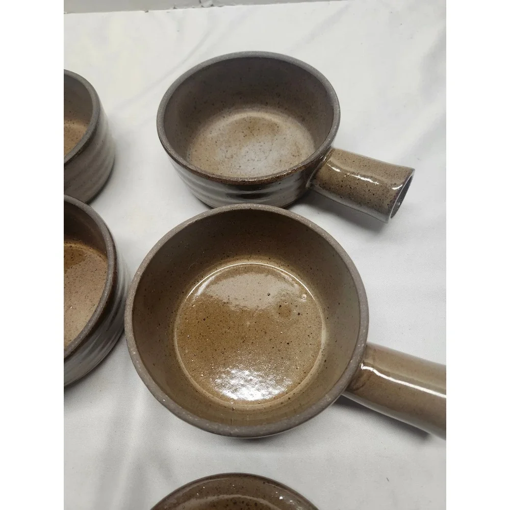 Vintage Brown Speckled Stoneware French Onion Soup Bowls with Lids Set of 4